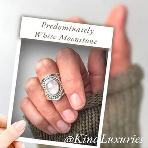 💎020💎 925 Silver Vintage‎ Style White Moonstone Wide Band Ring